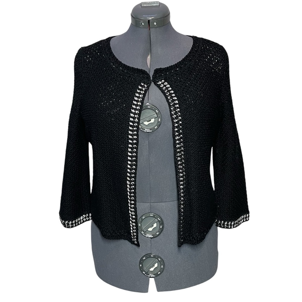 Chico’s Kiernan Cardigan Sweater 1 8 10 M Silver Chain Detail Zebra Lined Top